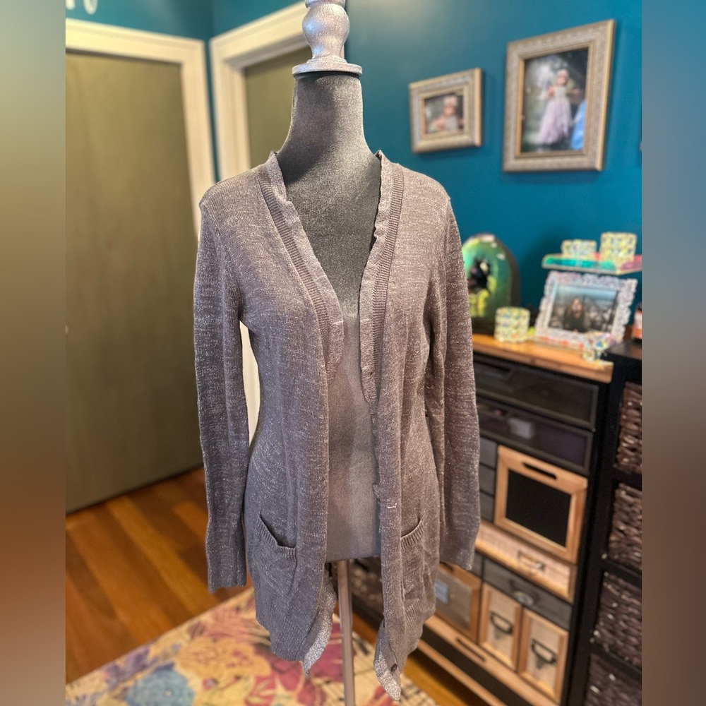Victoria's Secret Grey Cardigan Sweater Sparkles Delicately With Ruffle Hem
